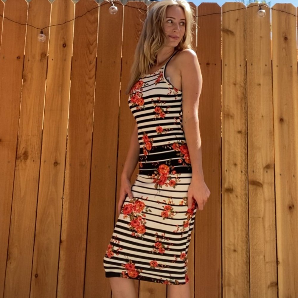 Vibe Black and White Striped Tight Fit Midi Red Floral Dress sleeveless